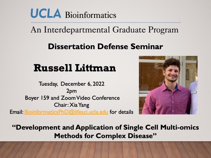 Xia Yang Lab UCLA (@yanglabucla) on Twitter photo Please feel free to join us on Dec 6 at 2pm for <a href="/littman_russell/">russell littman</a>’s dissertation defense “Development and application of single cell multiomics methods for complex disease”, Boyer 159 or zoom: ucla.zoom.us/j/5379649967 Please feel free to join us on Dec 6 at 2pm for <a href="/littman_russell/">russell littman</a>’s dissertation defense “Development and application of single cell multiomics methods for complex disease”, Boyer 159 or zoom: ucla.zoom.us/j/5379649967