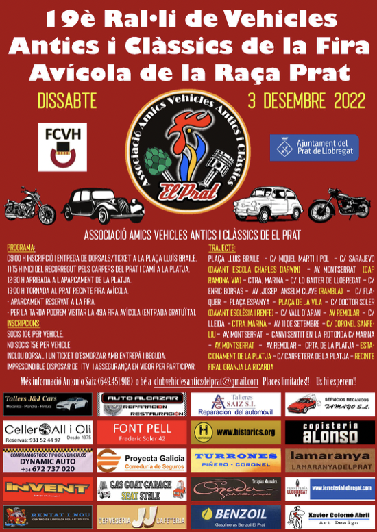19è Ral·li de vehicle antics i clàssics de la Fira avícola de la Raça Prat!! 

Aquest dissabte 3 de desembre podreu gaudir del Ral·li de la Fira avícola de la Raça Prat organitzat pel nostre club federat, #VehiclesAnticsdelPrat. 

Informa't aquí: fcvh.cat/ca/automocio/f…