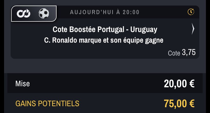 FloProno_'s tweet photo. #FIFAWorldCup 

🔸 CR7 &amp; Portugal @ 3,75 • 20€ 

#PORURU #TeamParieur https://t.co/LPaAv7EcWV