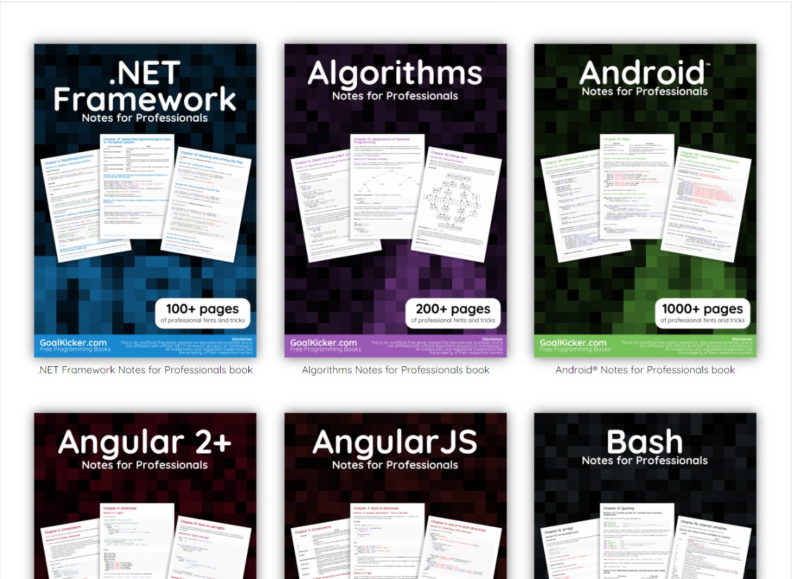 دي كتب مجانية بالكامل عبارة عن ملاحظات من محترفين في مجالات كتير وممكن تطبعها بدون مشكلة وتذاكرها في اي مكان مفيهوش كمبيوتر.
شير الموقع مع الناس 
انا بشيره كل فترة علشان الناس تستفيد منه 
--
books.goalkicker.com