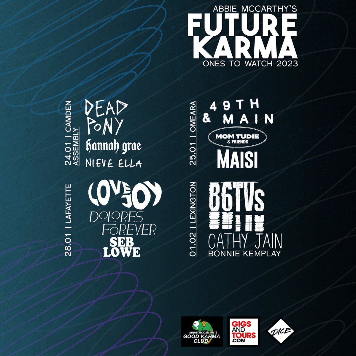 soooo happy to announce that i’ll be playing @AbbieAbbiemac ‘s Future Karma show 01.02 with the amazing @86TVsband and @BonnieKemplay !! gonna be a sick night 🫶🫶