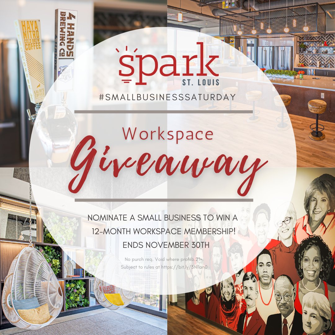 sparkstlouis's tweet image. Do you know an entrepreneur or early stage company that could benefit from a 12-month FREE membership? #SparkSTL is giving away a free #coworking membership! The winner will be chosen in early December. Link to apply: sparkcoworking.com/st-louis/sbsgi… #stlstartups #stlmade #coworking