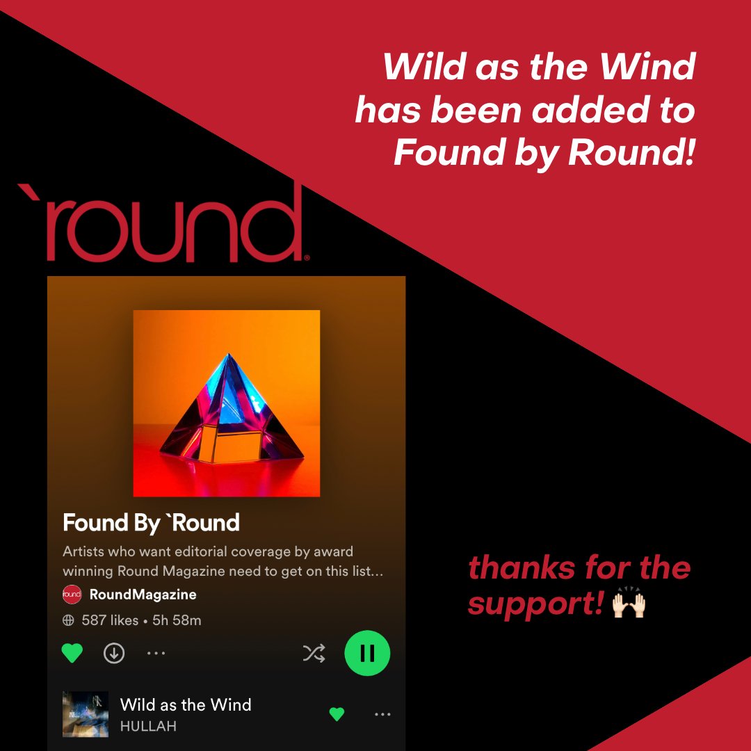 hullah (@hul1ah) on Twitter photo Yay!! Big love to <a href="/roundmagazine/">`Round Magazine</a> who have added Wild as the Wind to their indie top 100 playlist! 🙌🏻 ❤️
Let's get it to the top spot, listen here 👇🏻open.spotify.com/playlist/6gaDq… Yay!! Big love to <a href="/roundmagazine/">`Round Magazine</a> who have added Wild as the Wind to their indie top 100 playlist! 🙌🏻 ❤️
Let's get it to the top spot, listen here 👇🏻open.spotify.com/playlist/6gaDq…