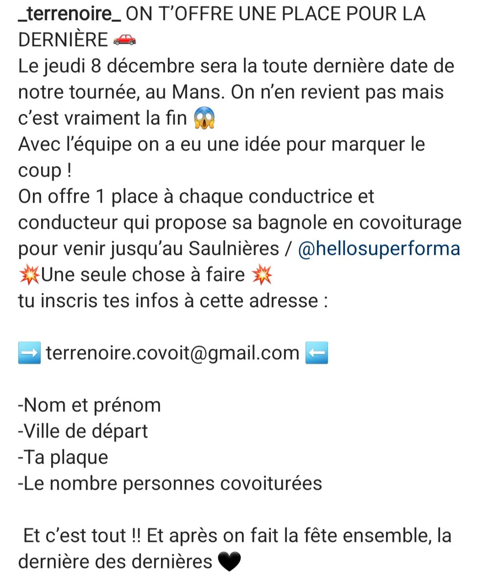 // 🚗🌳 une place offerte aux conductrices et conducteurs qui emmènent des gens en covoit' jusqu'au mans pour l'ultime concert de la tournée de terrenoire (jeudi 8 décembre) 🌳🚗