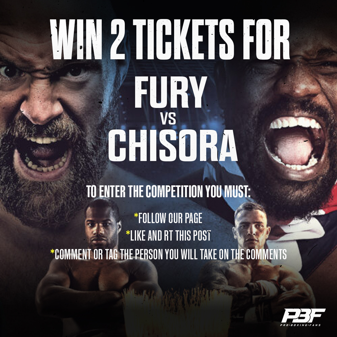 ⏰ COMPETITION TIME ‼️

🎟️ We have 2️⃣ tickets to giveaway to 1️⃣ lucky follower to see <a href="/Tyson_Fury/">TYSON FURY</a> 🆚 <a href="/DerekWarChisora/">Derek Chisora 🥊</a> on Saturday at <a href="/SpursOfficial/">Tottenham Hotspur</a> Stadium ‼️

⏳ Competition ends: Thursday 1st December @ 7pm

#Boxing #FuryChisora #TysonFury #DerekChisora #Competition