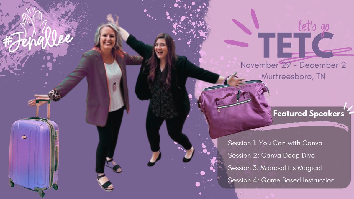 #Jenallee is so excited to be attending & speaking at  #TETC2022 this week!🎉 @TN_TETA 
Will you be there❓ 
💖Add our sessions to your calendar 📅 & definitely come find us & take a selfie!🤳

#UCanWithCanva #MIEExpert #MicrosoftEDU #CanvaEDU #gamification #EdTech @JenMaloneTN