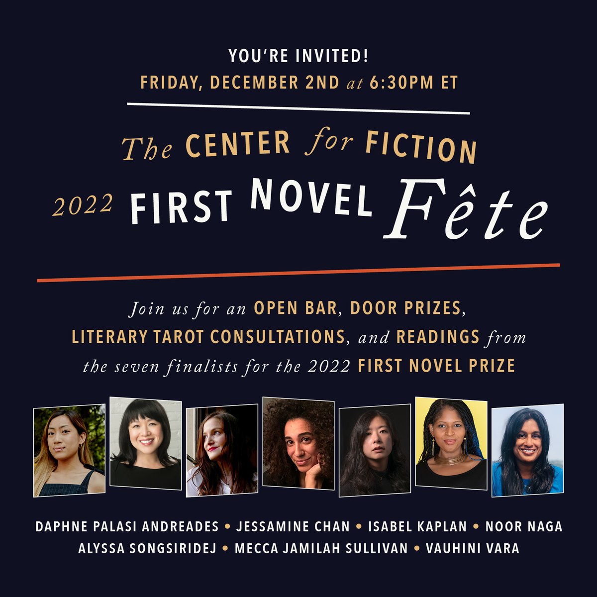 Center4Fiction's tweet photo. The First Novel Fete is this Friday! Celebrate the First Novel Prize finalists with readings, an open bar, snacks, tarot readings, door prizes, and more. Don't miss out on kicking off the holiday season with the literary community! Get your tickets at https://t.co/cxrkVMNxFt https://t.co/pNxB7jKB7V