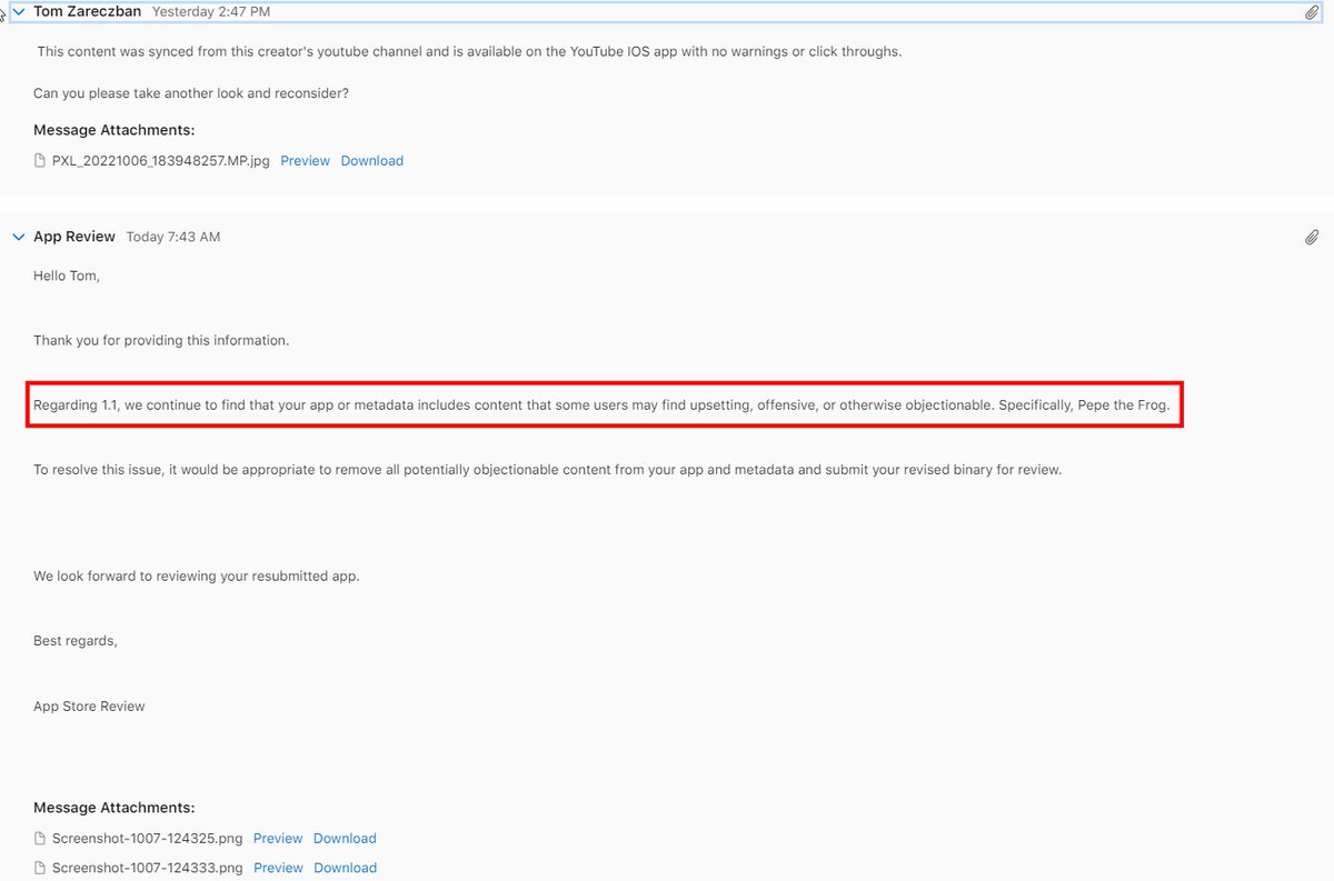 <a href="/elonmusk/">Elon Musk</a> Apple disallowed almost anything related to Covid, especially vaccines or human origins of the virus.

We had to build a list of over 20 terms to not show results for, only on Apple devices.

Apple also later rejected us because users included Pepe images in videos.