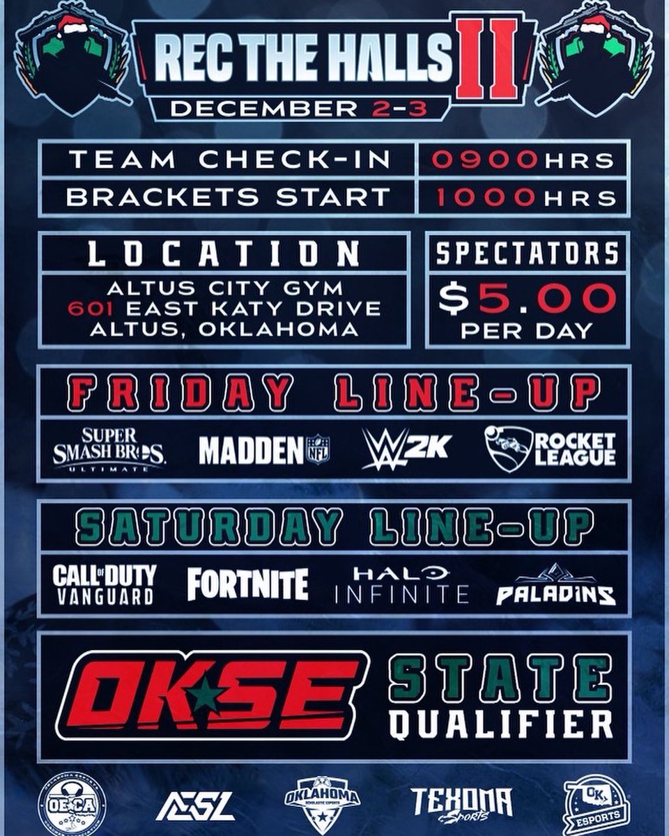 Altus, Rec the Halls 2 is in 4 days!   This Friday 46 schools making up 100 teams comprised of 416 athletes will make the trip to Altus to compete for their trip to the State Championship. We are so excited to host this great event. 

If you would like to come watch its only $5