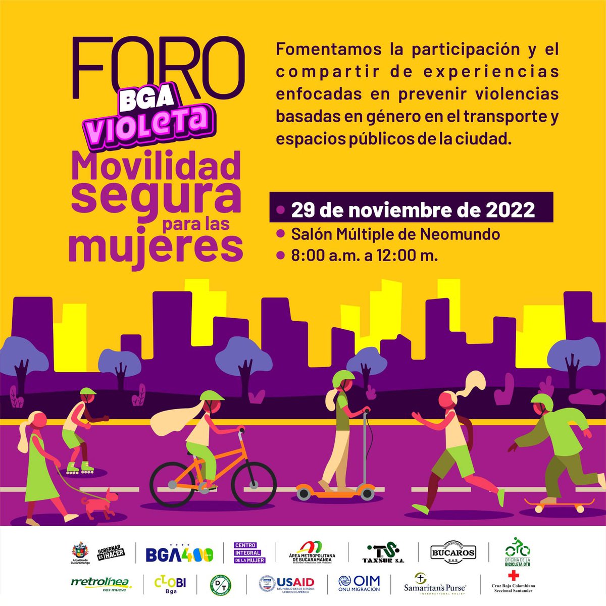 #Bucaramanga
Acompáñanos a vivir y compartir este Foro Violeta movilidad segura, enfocándonos en prevenir la violencia de género en el transporte y espacios públicos.
Este 29 de noviembre en el salón múltiple de Neomundo a las 8:00 am, te esperamos! 🍃🚴🏻‍♀️