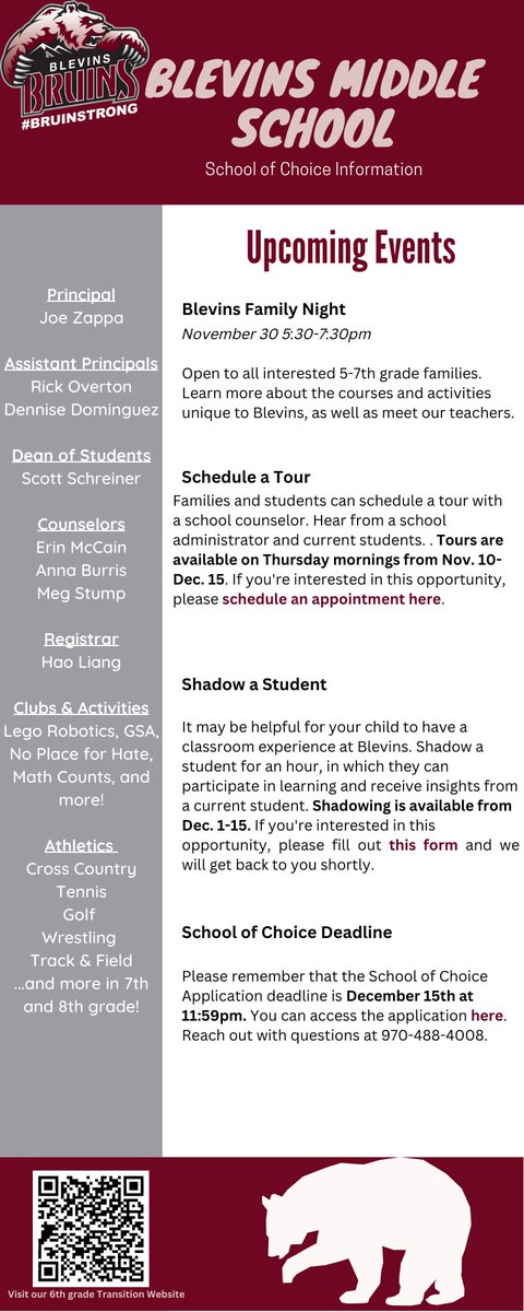 Attention all 5th-7th grade families interested in coming to Blevins Middle School- Come check out our Blevins Family Night on Wednesday November 30th from 5:30-7:30 PM!

#Bruinstrong#BelieveInBlevins#BlevinsFamilyNight#SchoolOfChoice