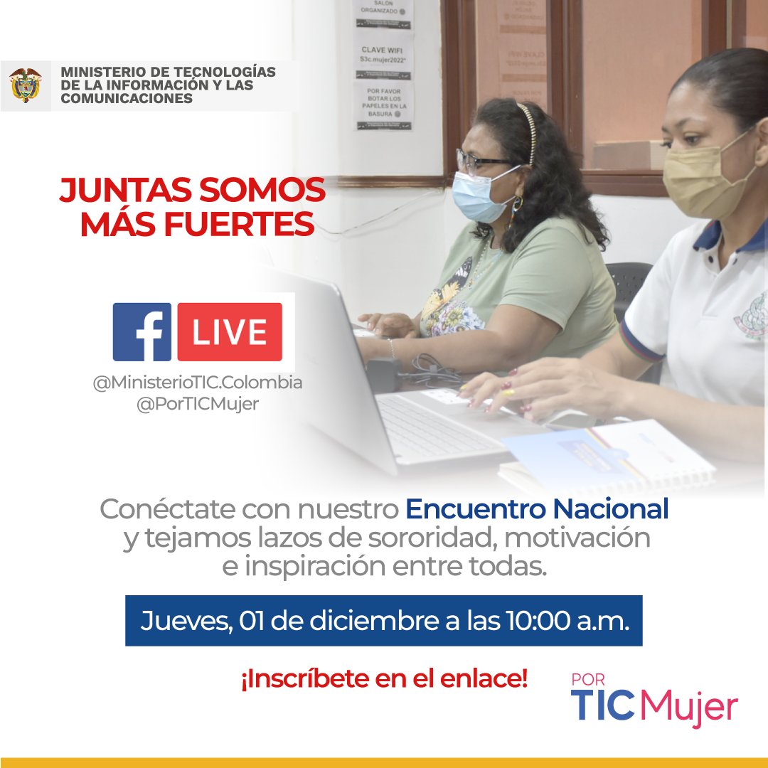 CiuDigital's tweet photo. 👏 II #EncuentroPorTICMujer, un espacio para jóvenes, mayoras, mujeres con discapacidad, raizales, palenqueras, indígenas, comunidad LGBTIQ+ y campesinas que se han sumado a este espacio de construcción colectiva del @Ministerio_TIC. Regístrate https://t.co/meV9xIDeBg https://t.co/PRn5Ea44CH