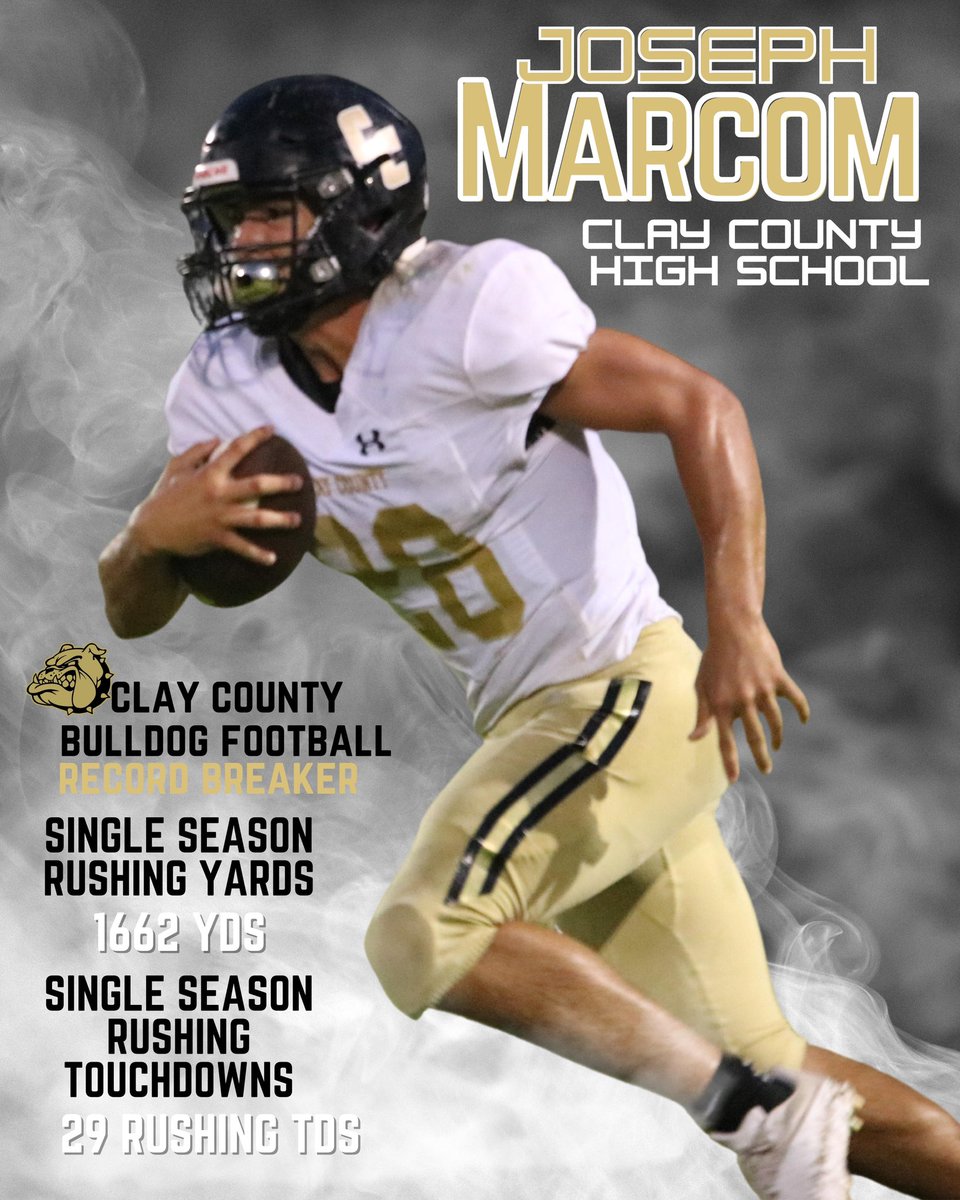 Congratulations to senior Joseph Marcom on breaking two single-season football records during last week’s playoff game. #claycountydawgs