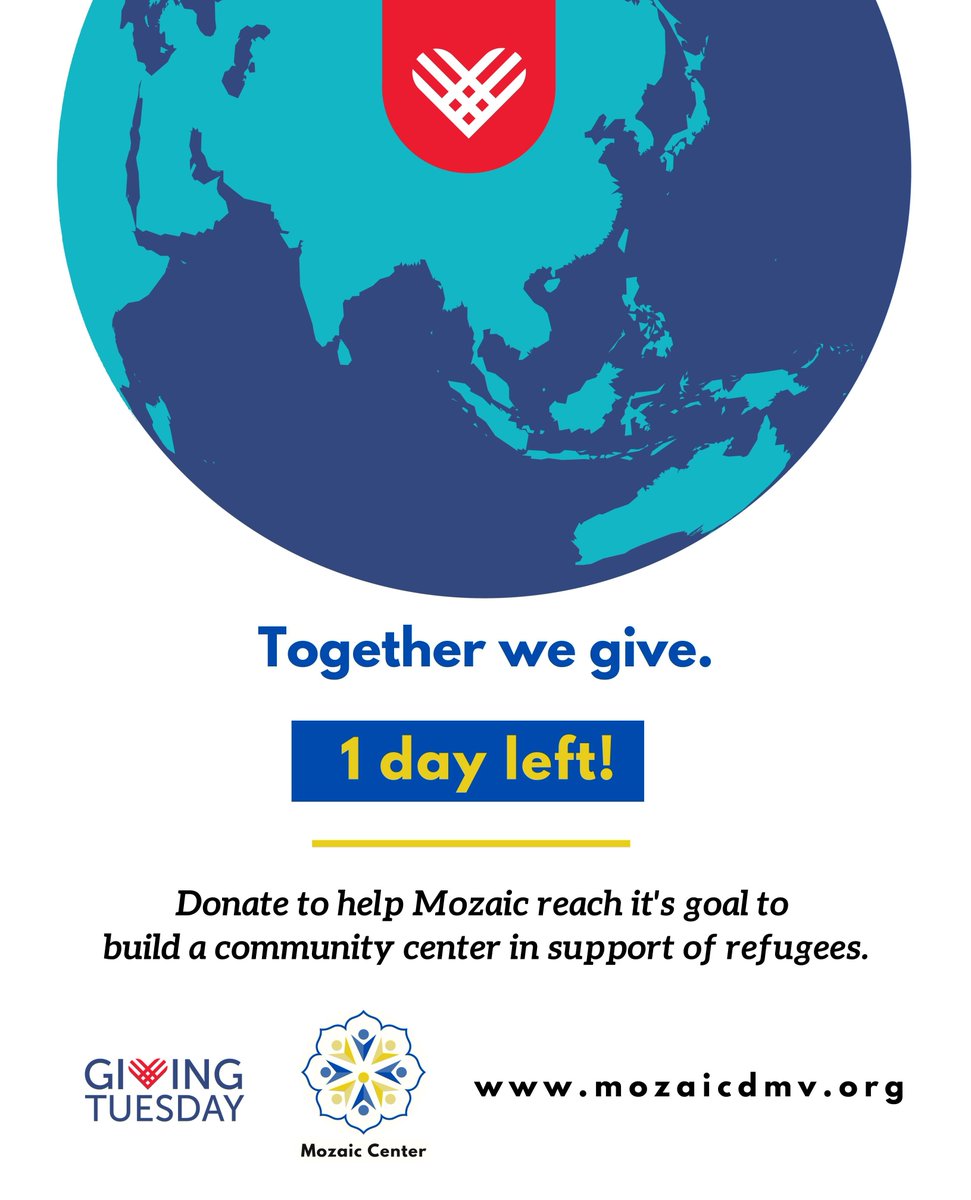 MozaicDMV's tweet photo. GIVING TUESDAY IS TOMORROW!

An act of generosity goes a long way. Thinking of donating? Your contribution can help Mozaic reach its goal to establish a community center for refugees!

Click here to contribute to this goal: https://t.co/WTBiFv7Q2n

#givingtuesday #donate #reugee https://t.co/jbynCt4Wgz
