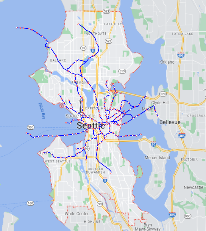 Frankfurt Germany is about the same population (753k vs 770k) &amp; land size (95 sq mi vs 84 sq mi) as Seattle. this is their urban transit system overlaid on Seattle to scale. 700k riders a day use these systems.