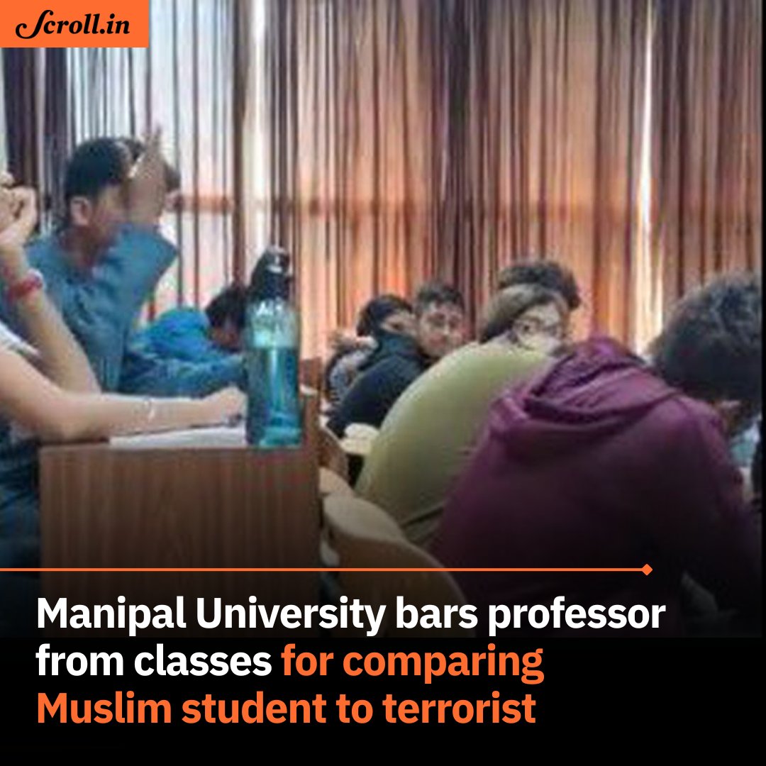 scroll_in's tweet image. A professor at the #manipalinstituteoftechnology in #karnataka was debarred from taking classes after he compared a Muslim student to a terrorist.

Read more: scroll.in/latest/1038522…