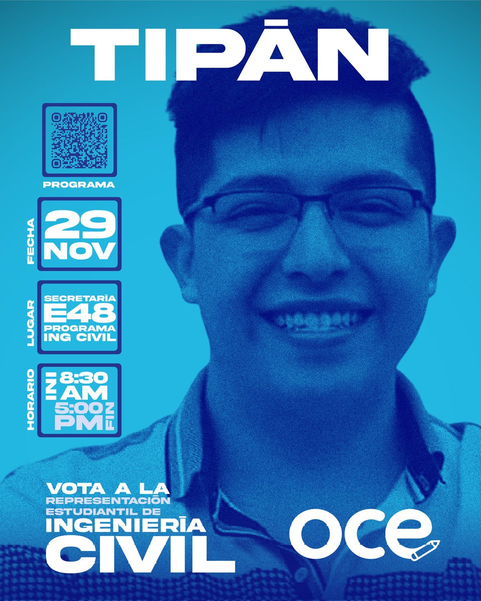 uvsomosmas's tweet photo. Mañana de 8:30 am a 5:00 pm, son las elecciones en la Facultad de Ingeniería, les invitamos a participar masivamente y a los estudiantes de INGENIERÍA CIVIL a votar por DANIEL TIPAN en su escuela y en el respectivo horario con su carnet y/o cédula. 📥💙 https://t.co/T3DRdQ4res