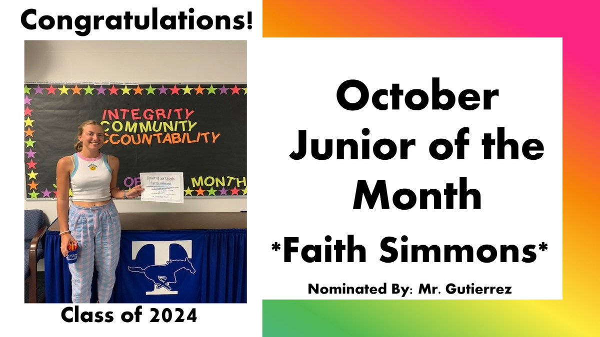 Congratulations to Faith Simmons for being selected as one of out Juniors of the Month for October! Keep up the great work Faith!
