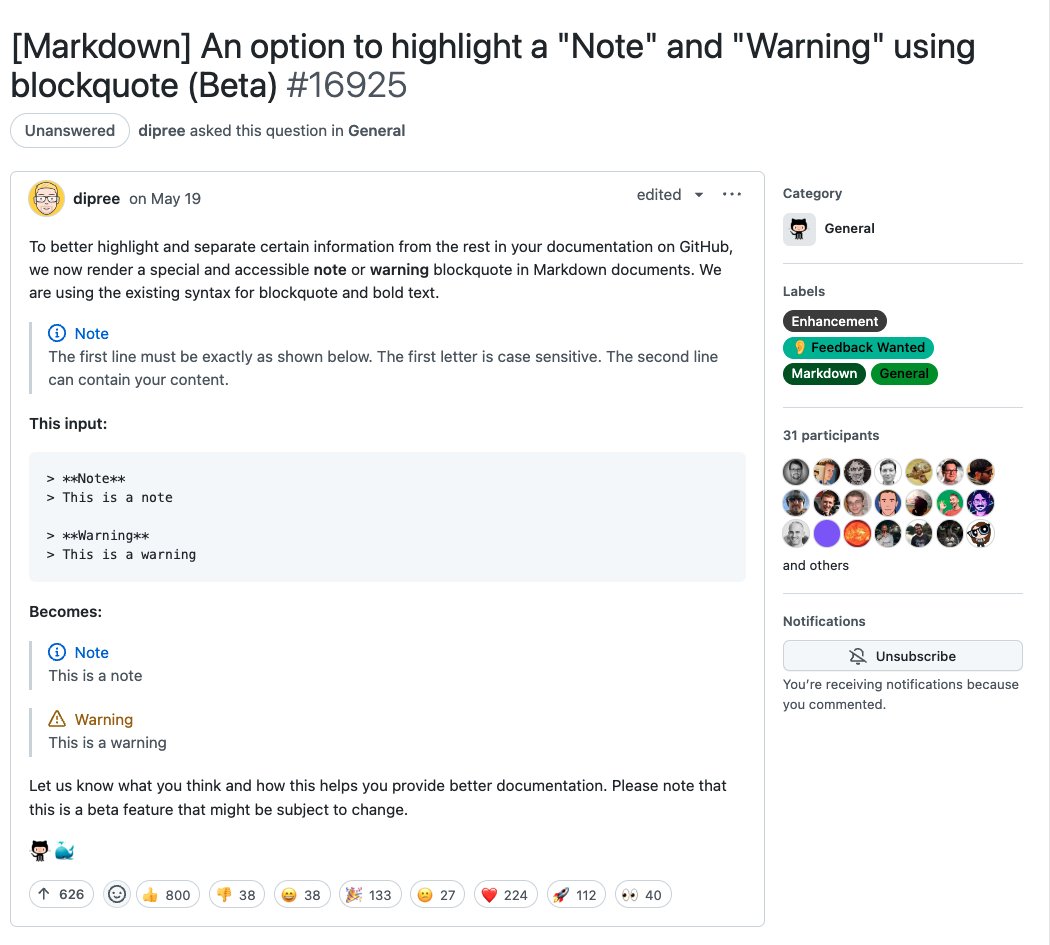 TIL that @GitHub has added a new feature to GitHub-Flavored Markdown to adapt blockquotes to Notes and Warnings (also known as "admonitions")

Syntax is super simple:

&gt; **Note**
&gt; This is a note

&gt; **Warning**
&gt; This is a warning

github.com/community/comm…
