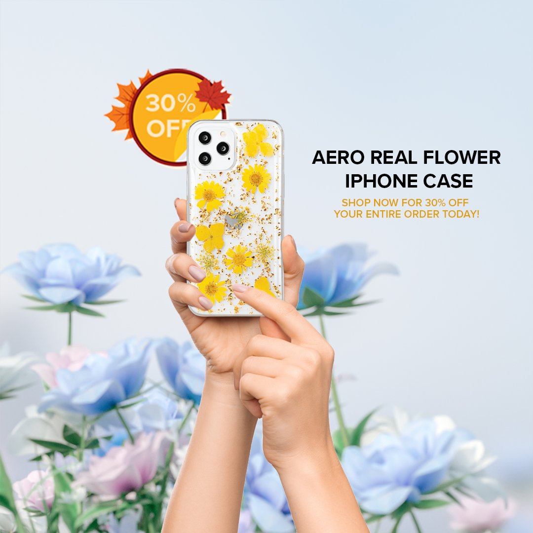 Cellairis's tweet photo. It's the most exciting Monday of the year! Cyber Monday 🥳🗣️ Shop today and get 30% OFF your entire order online at https://t.co/O9WSpNYcAF. Our Aero Real Flower iPhone Case features real floral imagery, with gold flakes, and has dual-layer protection from shocks or drops! 🧡👀 https://t.co/xX3xtb6uUr