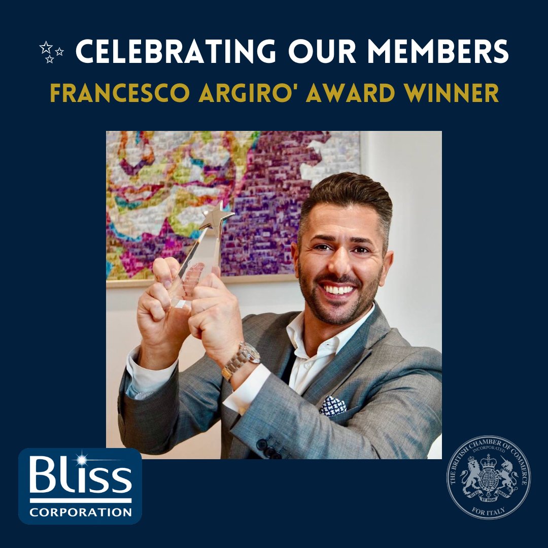 BritChamItaly's tweet photo. ✨ Celebrating Our Members 
Congratulations to @Francescoargiro, President &amp; CEO of Bliss Corporations, for receiving the "IAM YP RISING STAR" award from the International Association of Movers Young Professionals. https://t.co/7JMnWiCe43