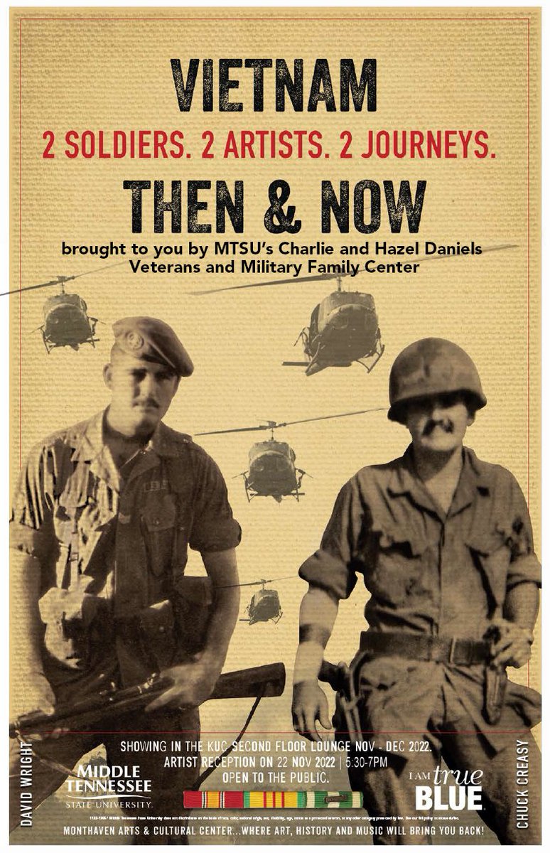 MTVetCenter's tweet photo. On Nov 22, the Vietnam Then &amp; Now Artist Reception was hosted in the KUC. Thank you to the Monthaven Arts Center &amp; thank you to the Artists: Mr. David Wright &amp; Mr. Chuck Creasy.
The exhibit is open thru mid-December. Contact Hilary.Miller@mtsu.edu if interested in viewing. https://t.co/t4VgotiZtL