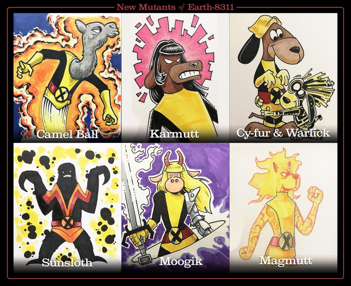 blueapple612's tweet photo. Here is a roundup of my Earth-8311 New Mutants.

Note: the Warlock/Cypher designs feature a very heavy lift from the good people at #hannabarbera .

#lunchboxdrawings #mutants #marvel #earth8311 #xmen #drawing #animalpuns https://t.co/QxlA6JlvDK