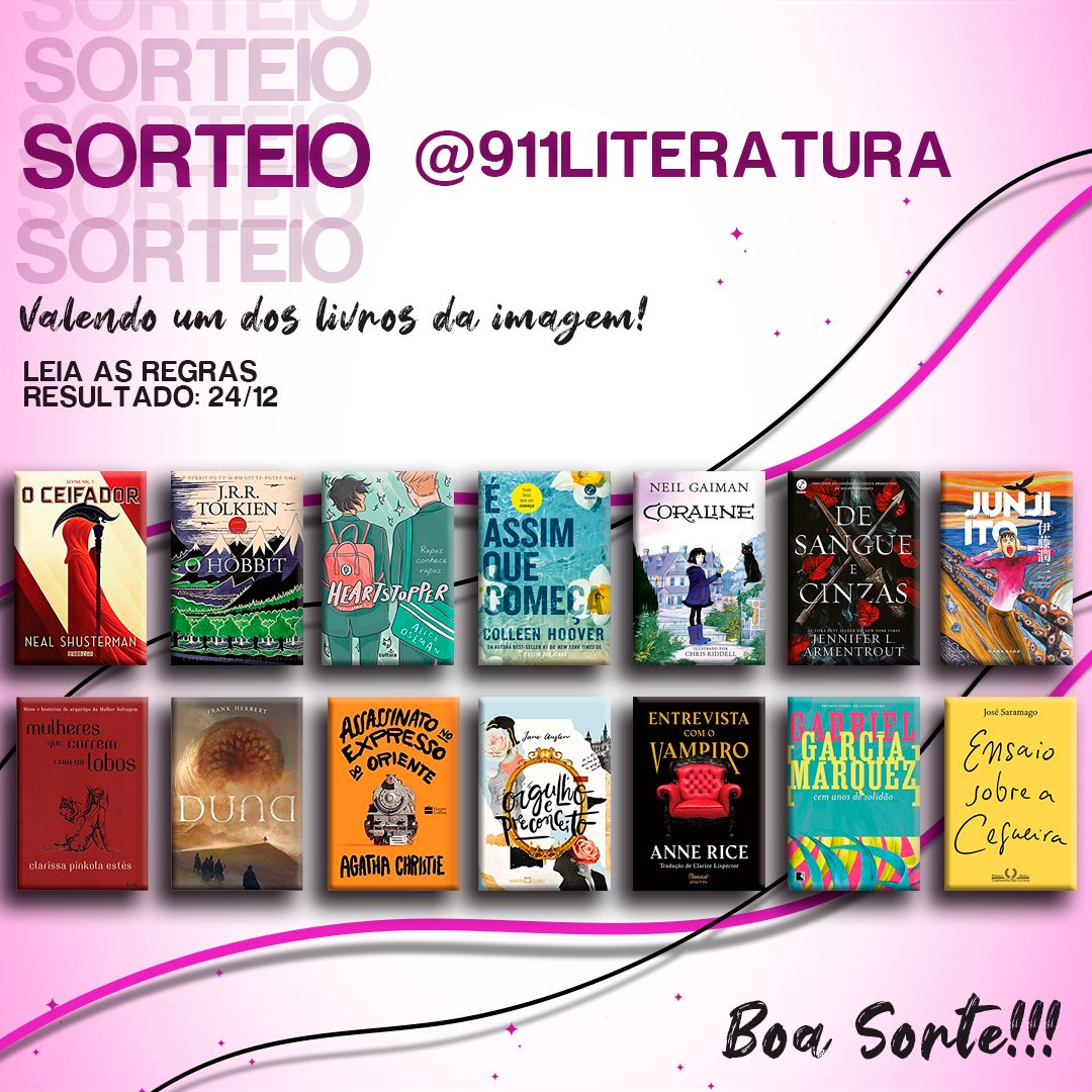 911Literatura's tweet photo. 🚨📖 SORTEIO 

💰 valendo um dos livros da imagem.

📌 Regras:
- seguir @911Literatura
- dar RT e curtir esse tweet
- marcar um @ nos comentários.

⚠️ Resultado 24/12. https://t.co/25t4GMt2Ld
