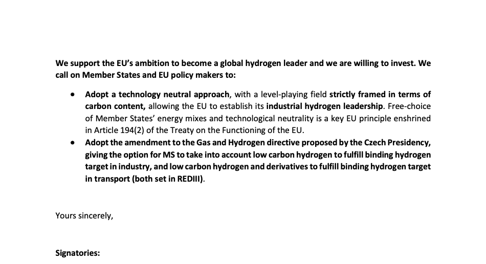 AnnaHbrt's tweet photo. Big support from the industry (nuclear industry, chemicals, electricity producers, energo-intensive, ...) for this amendement that includes low carbon H2 in renewable targets of transport and industry 

Almost 50 signatories of an open letrer highlighting the key role of the AM. https://t.co/tQThb3Uqst