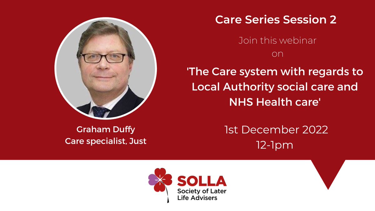 SOLLAadvice's tweet photo. Who is responsible for providing and funding care for any particular individual? Join Graham Duffy of Just Group plc in this webinar. SIGN UP here - https://t.co/UMovnzDfZA
#theSOLLAdifference #LLLAS #LaterLifeAdvice https://t.co/ZDsuse9FnN