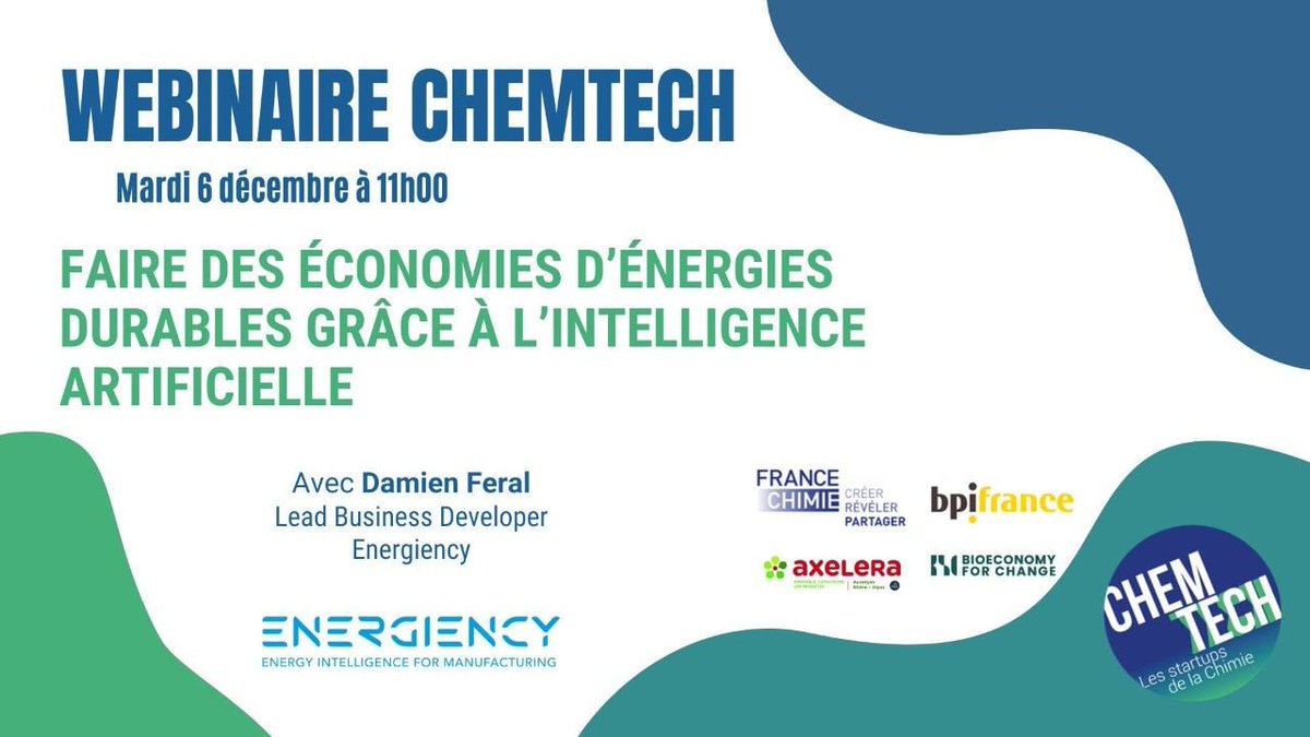 [Webinar] Comment l'#IA, associée à l'intelligence humaine, permet d'identifier rapidement des économies d'énergie et de CO2 dans le secteur de la #chimie ?
Réponse le 6/12 à 11:00 avec la <a href="/FranceChimie/">France Chimie</a> &amp; <a href="/energiency/">Energiency</a>. 
Inscriptions auprès de chemtech@francechimie.fr