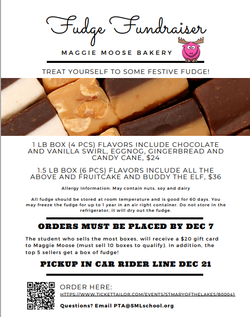 Smlschool's tweet photo. Hosting a holiday party or looking for a delicious gift for someone special? Order your fudge from Maggie Moose Bakery and help support SMLS! A portion of the proceeds will be donated back to the school. Sponsored by the SMLS PTA. #WeARESMLS https://t.co/1rsMT4sdf6