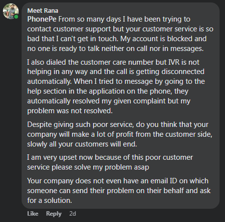 IMeetRana's tweet photo. Hi @PhonePeSupport I have posted my complaint @ Official FB Page of Phonepe as well as on the Help section in Mobile app but no revert received till date. Even my Business Phonepe has been blocked &amp; I'm facing serious issues. #BoycottPhonePe  #PhonePePoorSupport #NoSupportPhonepe https://t.co/fIkddZjhW1
