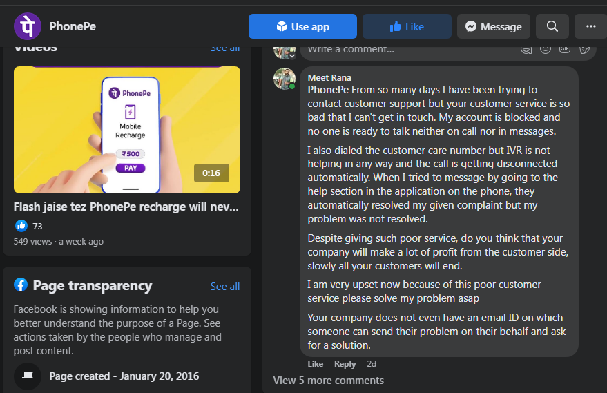 IMeetRana's tweet photo. Hi @PhonePeSupport I have posted my complaint @ Official FB Page of Phonepe as well as on the Help section in Mobile app but no revert received till date. Even my Business Phonepe has been blocked &amp; I'm facing serious issues. #BoycottPhonePe  #PhonePePoorSupport #NoSupportPhonepe https://t.co/fIkddZjhW1