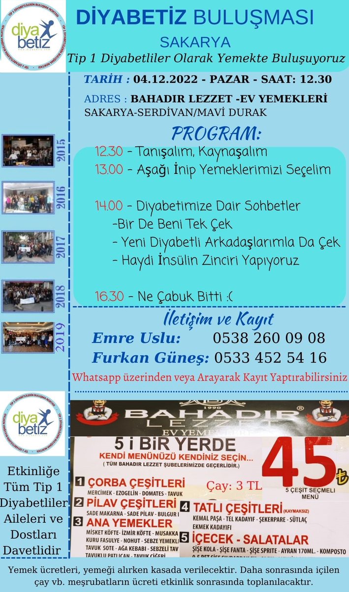 Dikkat Dikkat, Pandemi yasakları sonrası ilk etkinliğimizi Sakarya'da yapıyoruz. Sakarya ve civarında bulunan Tip1 Diyabetlilere Duyurulur. 

Not: Masa düzeni, yemek vb. konularda sorun yaşamamak adına afişteki numaralara kaydımızı yaptırmaya özen gösterelim #diyabetiziz