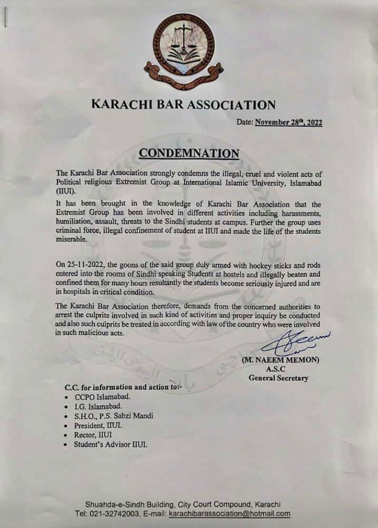 JaleelAhmed147's tweet photo. Almost all district bars including karachi Bar , Larkana Bar and Hyderabad Bar has condemned attack on sindhi students in International Islamic University Islamabad by goons of Islami Jamiat Talaba. 

#SaveSindhiStudentsOfIIUI https://t.co/oU30yXz646