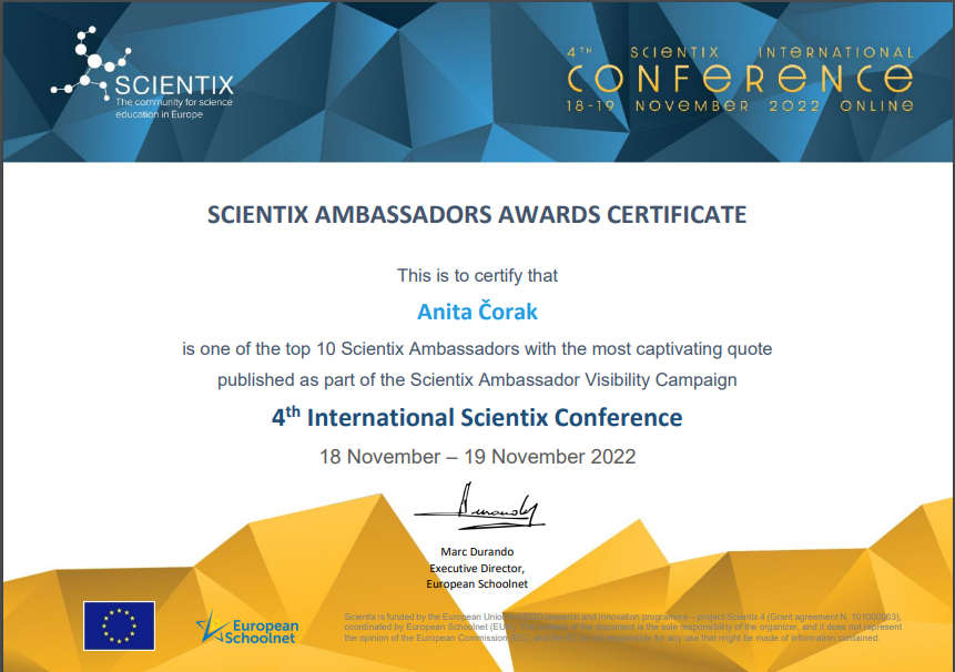 anita_corak's tweet photo. Thanks to all @scientix_eu  teachers and enthusiasts for your  votes and support. 📢📢 It's a pleasure to collaborate with you all 🤗💙 #ScientixAmbassadorVisibilityCampaign
#scientixconf https://t.co/ojtUw6QLUD