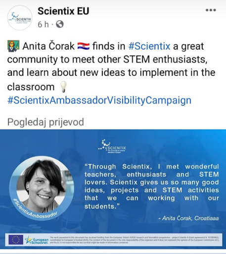 anita_corak's tweet photo. Thanks to all @scientix_eu  teachers and enthusiasts for your  votes and support. 📢📢 It's a pleasure to collaborate with you all 🤗💙 #ScientixAmbassadorVisibilityCampaign
#scientixconf https://t.co/ojtUw6QLUD
