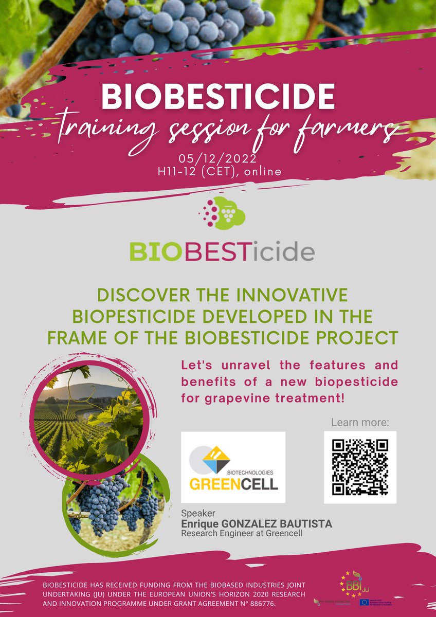 A sustainable, effective &amp; affordable alternative to #pesticides can be used to fight plague diseases on #vineyards &amp; the #winery industry.

Want to know how?
Join the BIOBESTicide Project Training for Farmers next December 5th! Register👉 lnkd.in/de6kqqSf