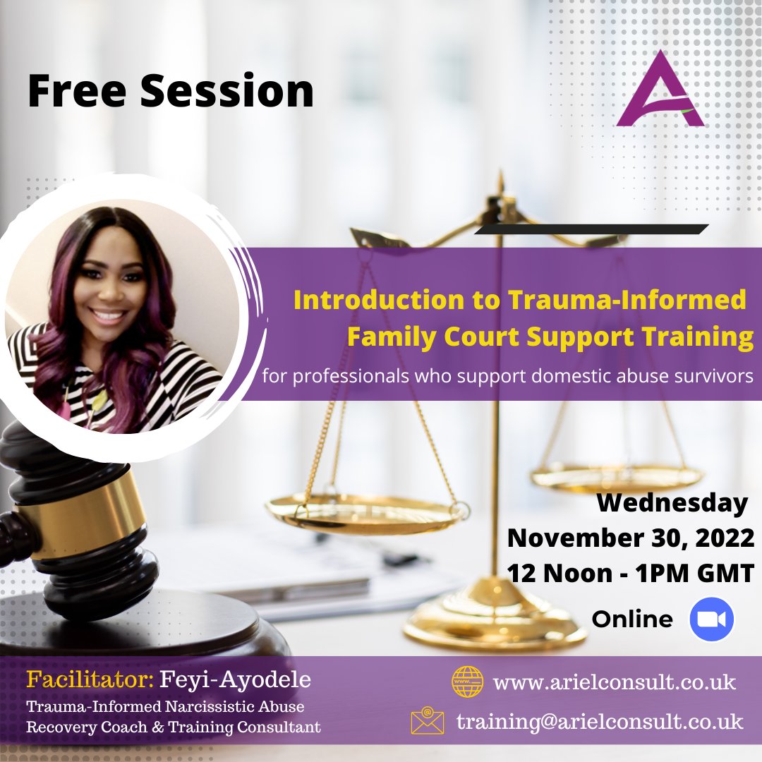 TheNurtured's tweet photo. There's no easy way for #domesticabuse survivors to grow through the #familycourt. Professionals can support them to minimise the traumatic impacts. Please join me this Wednesday Nov 30 from 12 noon to 1pm for a presentation on the #traumainformed training programme. https://t.co/PsA6gJkSmE