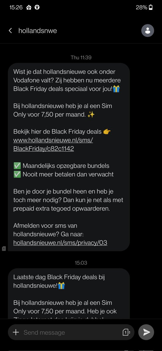 Hey <a href="/vodafoneNL/">Vodafone Nederland</a> wat geeft jullie het recht mij te bestoken met reclame sms'jes van <a href="/hollandsnieuwe/">hollandsnieuwe</a>? heb al een abbonement bij jullie en ik ben vrij oplettend als het gaat om dit soort vinkjes, de opt-out werkt niet eens. heel irritant dit.
