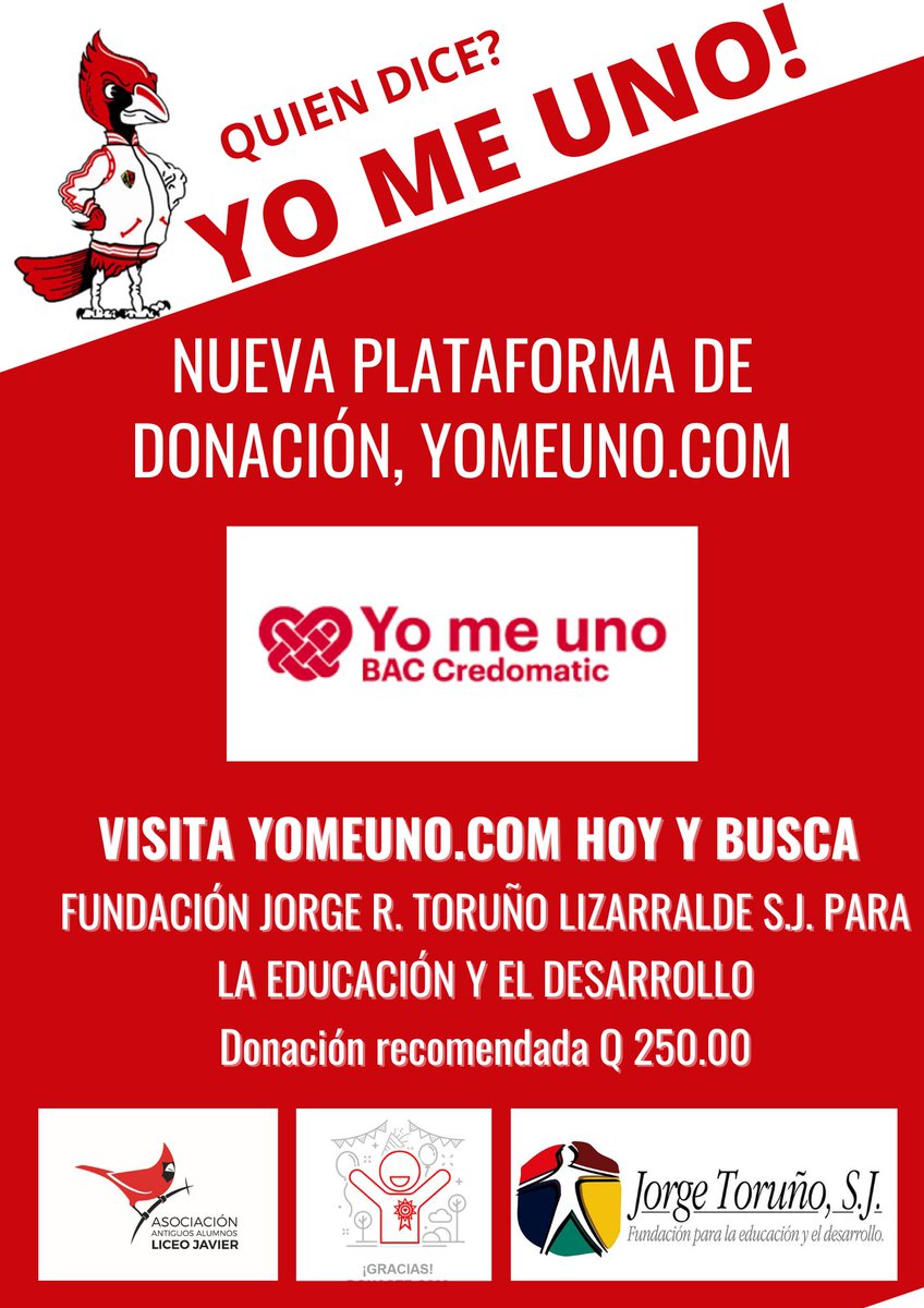 Comunicamos que la Fundación Jorge Toruño, S.J. ha sido aceptada en "Yo Me Uno" (yomeuno.com), formada por prestigiosas entidades benéficas, permite compartir nuestra información y captar donaciones a través de TC. Muchas gracias desde ya por su apoyo!