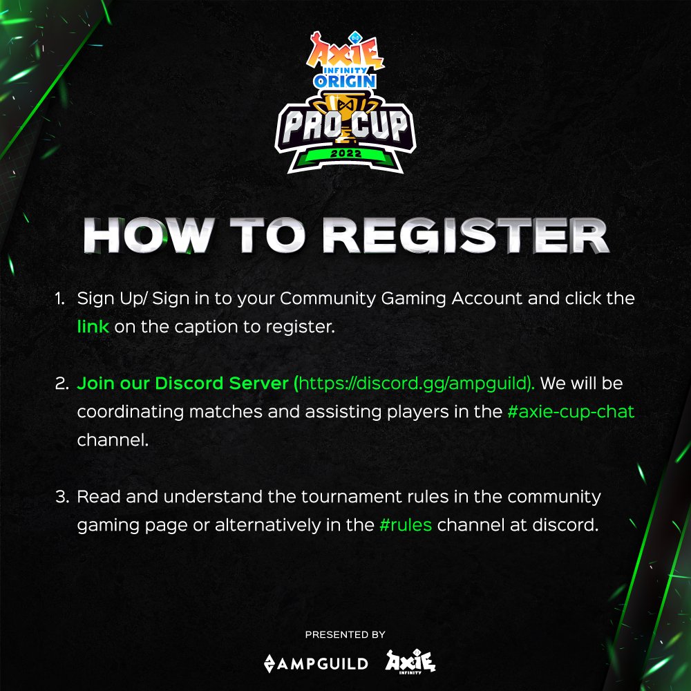 The Registration Is Now Open! 🟢

Click Here To Join "Axie Origins Pro Cup 2022" Presented By AMP Guild 🏆
communitygaming.io/tournament/axi…

Let The Battle Begin 🔱