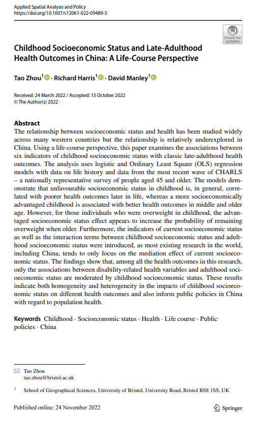 Tao Zhou (@_taozhou) on Twitter photo Elated to see my paper with <a href="/profrichharris/">Spatially variable (Prof Rich Harris) 🌍🌎🌏</a> <a href="/david_j_manley/">David Manley</a> was published, which explores the associations between childhood SES and classic health outcomes, indicating both homogeneity and heterogeneity in the impacts of SES on different health outcomes.
doi.org/10.1007/s12061… Elated to see my paper with <a href="/profrichharris/">Spatially variable (Prof Rich Harris) 🌍🌎🌏</a> <a href="/david_j_manley/">David Manley</a> was published, which explores the associations between childhood SES and classic health outcomes, indicating both homogeneity and heterogeneity in the impacts of SES on different health outcomes.
doi.org/10.1007/s12061…