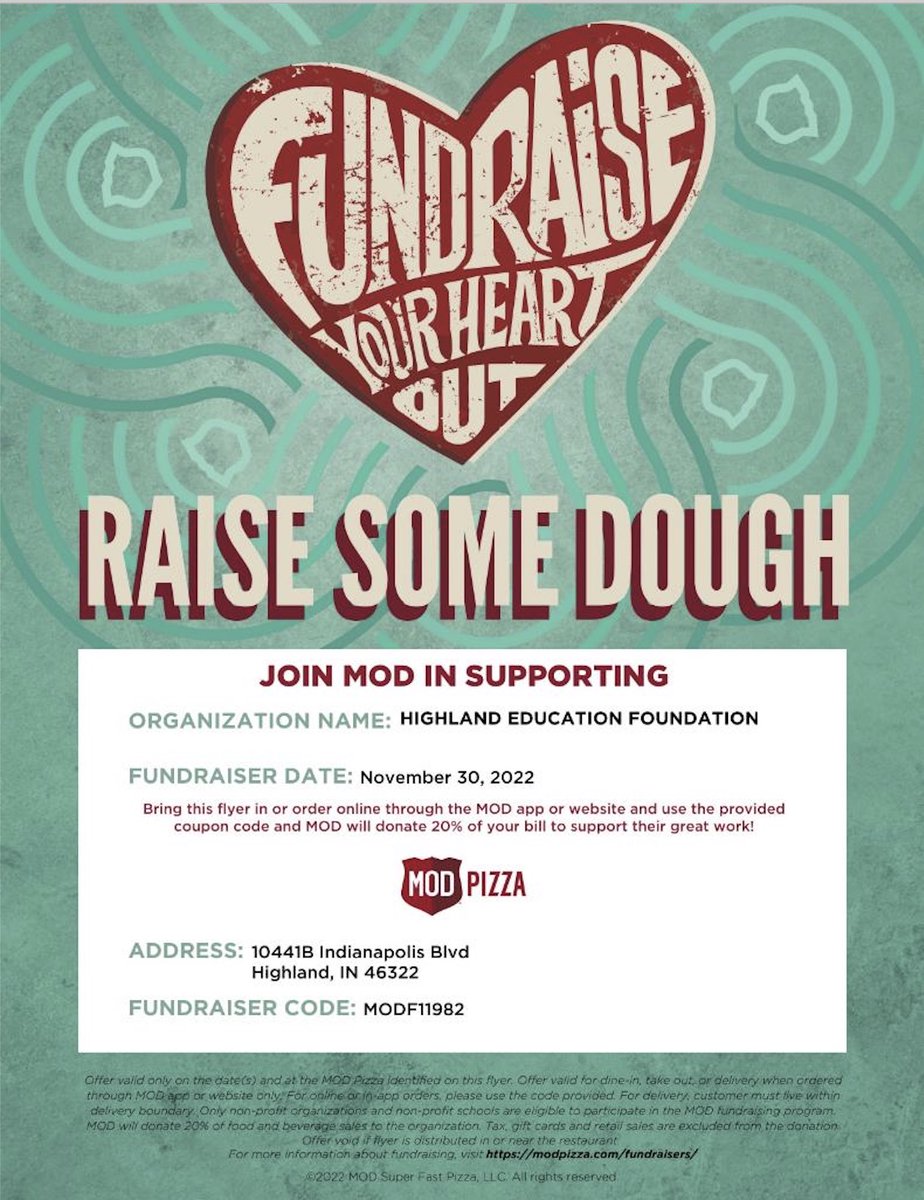 Tired from cooking all weekend? Come out this Wednesday for dinner at MOD Pizza and support Highland Education Foundation! See you there! <a href="/OfficeStoh/">STOH Central Office</a>