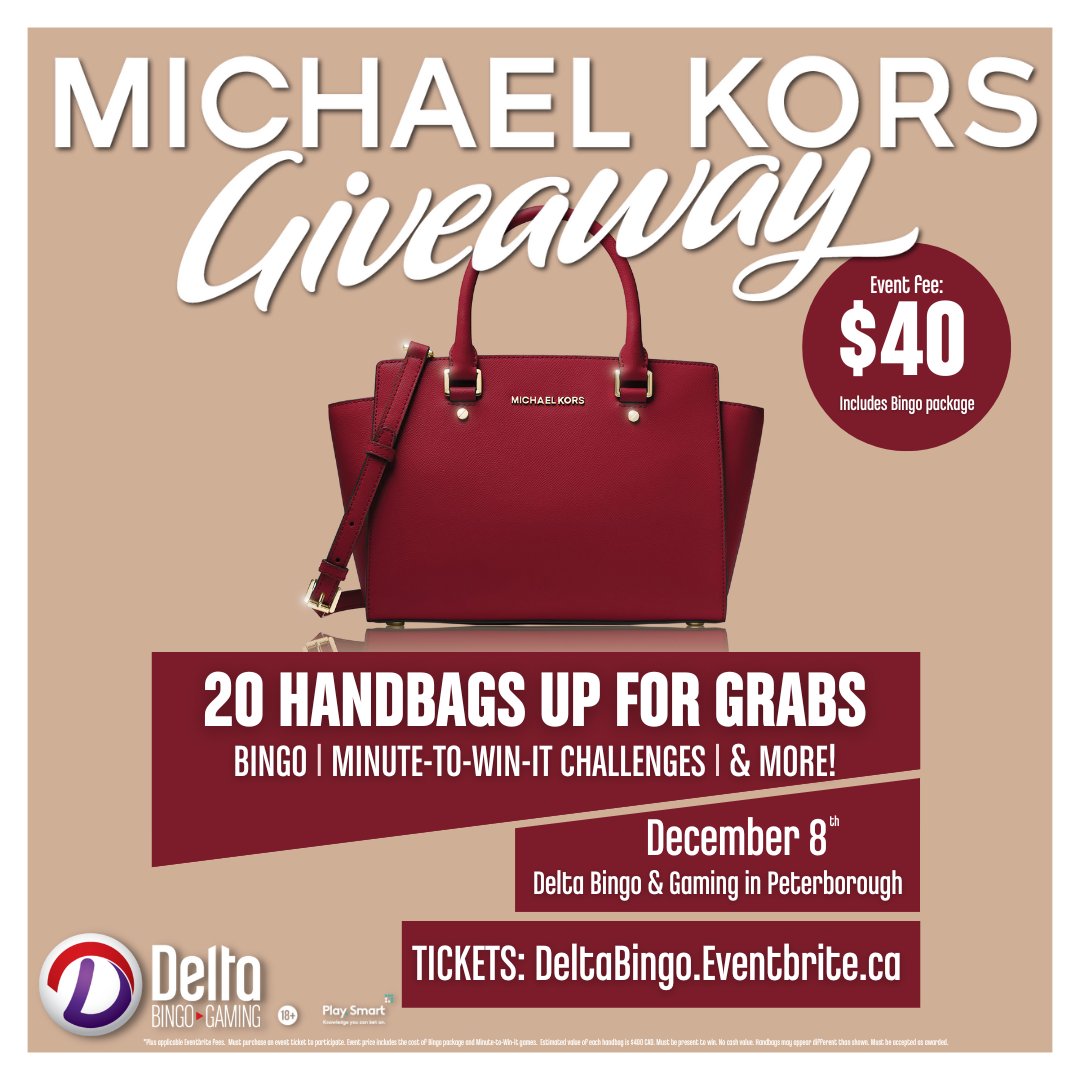 Michael Kors Giveaway
Come out for a fun night of Bingo, games, and the chance to win 1of 20 Michael Kors designer handbags tickets!
December 8th @ 7PM
Tickets: ow.ly/2WxO50LORNS #PtboRugby
Delta Bingo and Gaming in Peterborough.