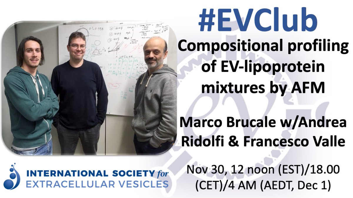 This week, #EVClub takes on #AtomicForceMicroscopy and its use in profiling mixtures of #lipoproteins and #ExtracellularVesicles! With Marco Brucale et al Wed Nov 30 12 noon EST Need the link? surveymonkey.com/r/EVClubISEV biorxiv.org/content/10.110… @IsevComms <a href="/EVItaSociety/">EVIta- Italian Society for Extracellular Vesicles</a> <a href="/LabWitwer/">LabWitwer</a>