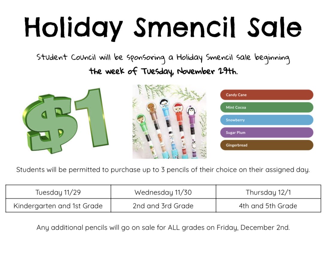 Our Student Council will be selling Smencils 👃✏️ starting tomorrow, Tuesday, November 29th. See schedule in photo for when your student can purchase theirs! 🗓️ #bellflowerway