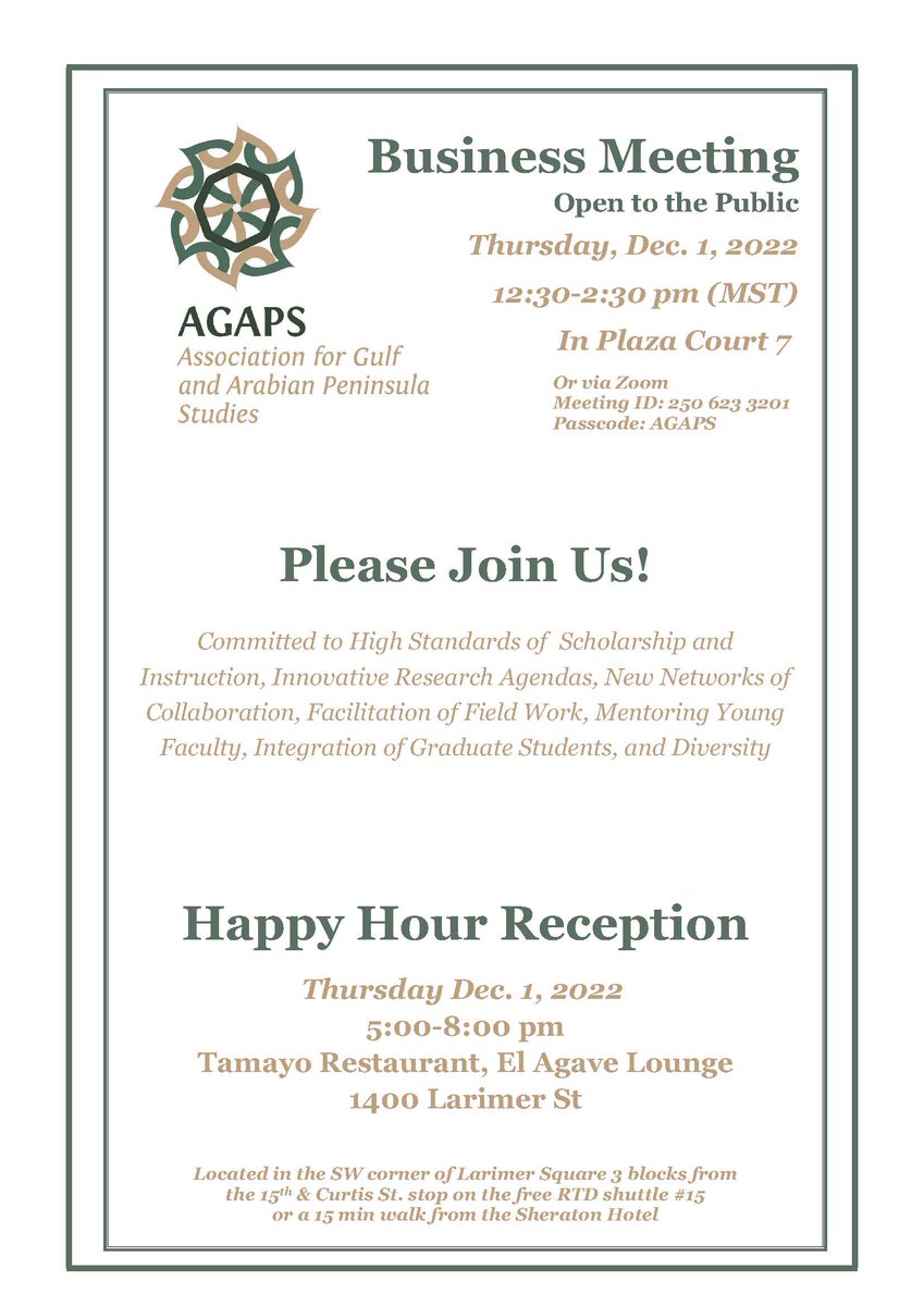 Come join us at our Business Meeting &amp; Reception at MESA! The first will take place on Thursday, December 1 from 12:30-2:30PM (MST), Room Plaza Court 7, or via Zoom, and the second will take place at Tamayo restaurant from 5-8 pm.
