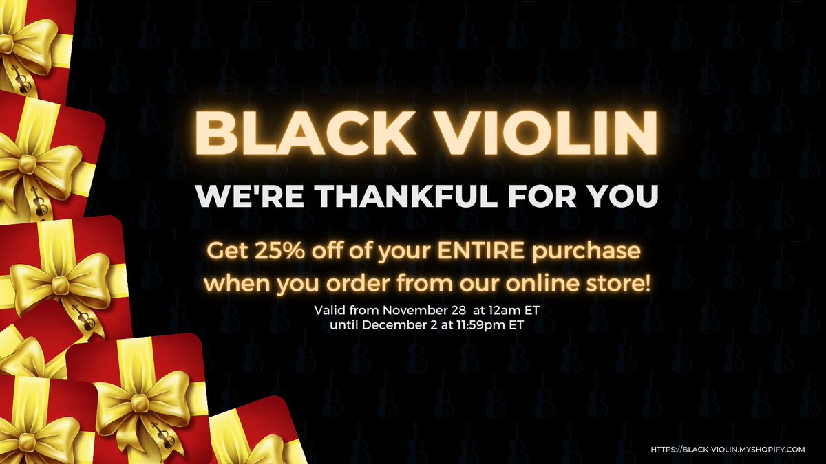 Hey y’all! We’ve got a special sale happening in our online store this week only! 25% off your entire purchase, no coupon code required. Click the link below to shop now! BV ONLINE STORE: black-violin.myshopify.com #BlackViolin #cybermonday #happyholidays
